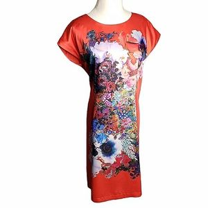 Cynthia Rowley Chinese Asian Tropical Abstract Floral Artsy Sheath Midi Dress
